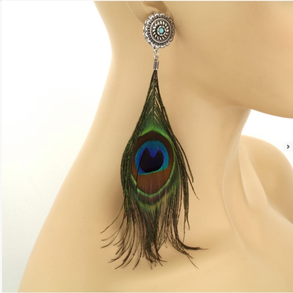 Western Long Peacock Feather Post Earrings - Picture 2 of 2